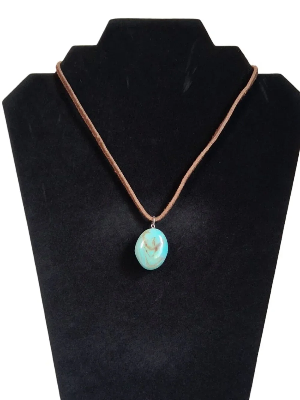 Turquoise Blue Brown Swirl Oval Faux Stone Lightweight Bohemian Pendant Necklace